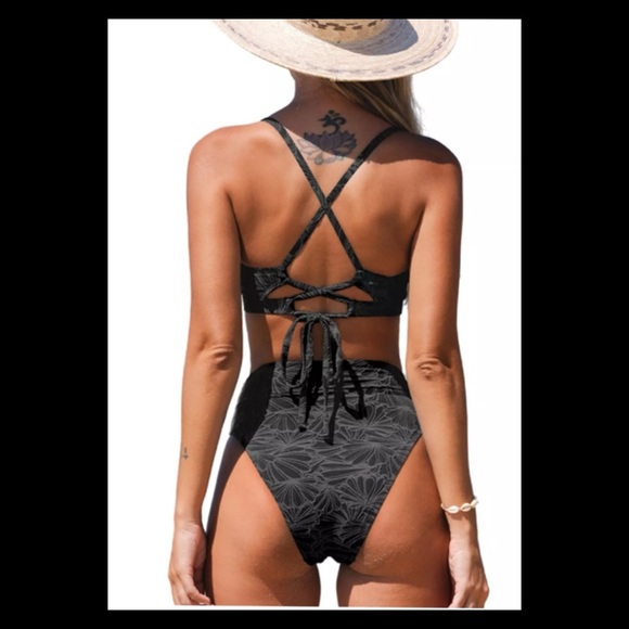 Black textured two piece swimsuit. - Picture 4 of 5